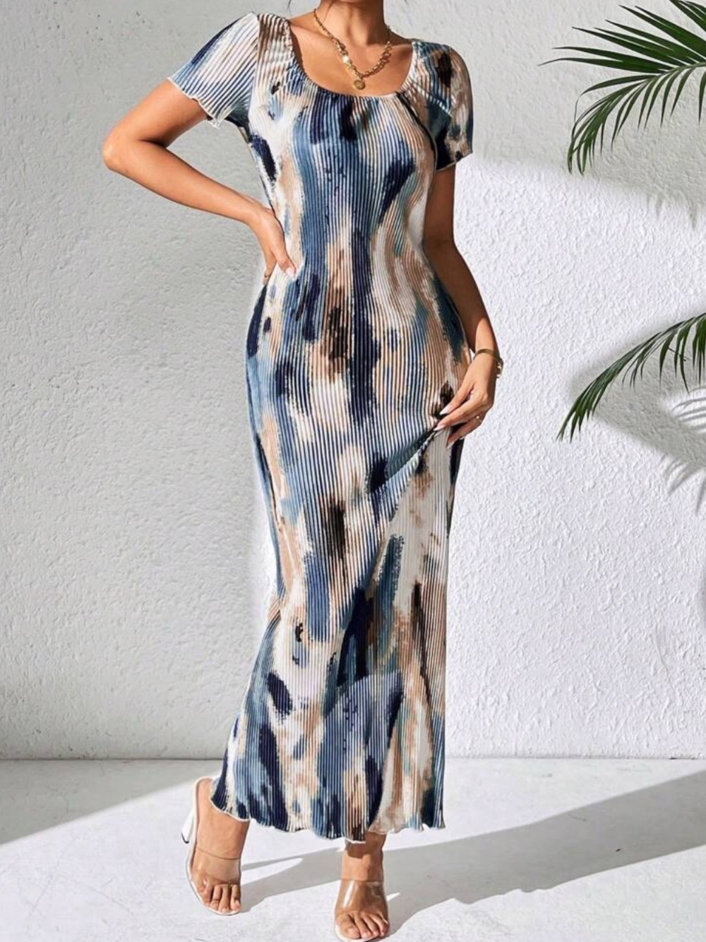 SHEIN Blue & Tan Abstract Ribbed Short Sleeve Maxi Dress SIZE L